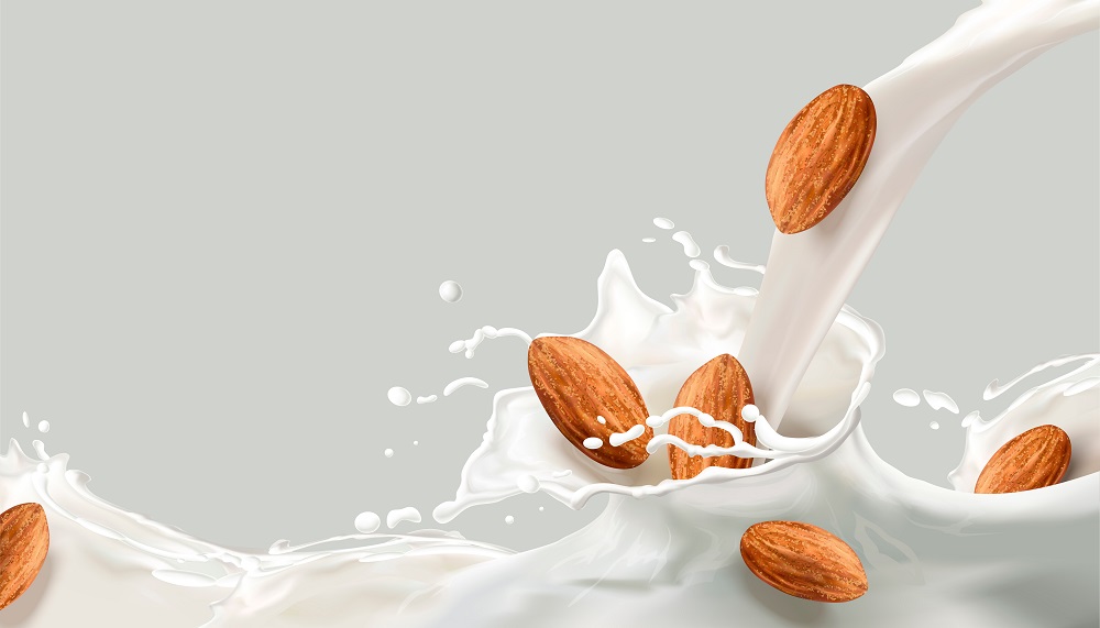 Milk,Splashing,Effect,With,Almond,In,3d,Illustration,For,Design