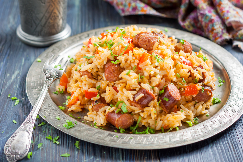 Jambalaya.,Spicy,Rice,With,Smoked,Sausage,And,Red,Pepper