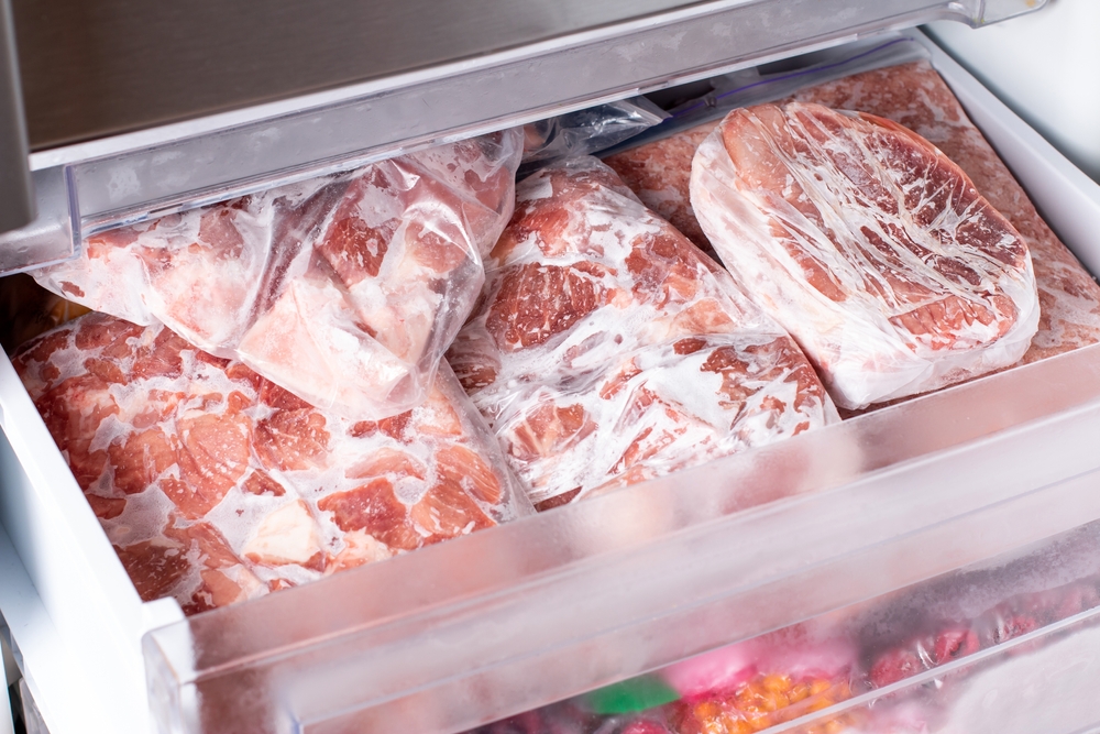 Meat,In,Refrigerator,Freezer,Background.,Closeup,Pork,,Meat,And,Chicken