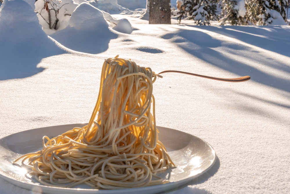 Funny,Gimmick,Of,Completely,Frozen,Cooked,Pasta,Sitting,Outside,In