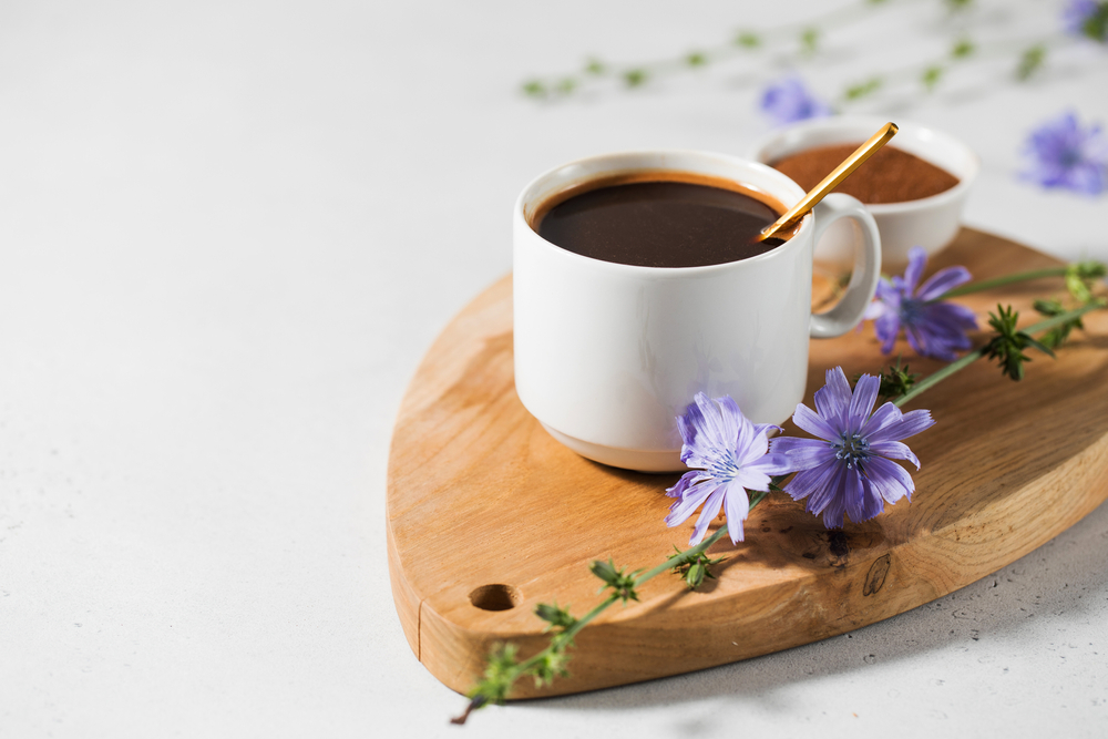 Chicory,Drink,In,A,White,Mug,With,Chicory,Flowers,Next