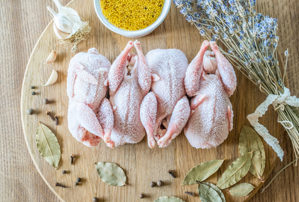 Raw,Frozen,Quails,,Mustard,,Herbs,And,Spices,For,Marinating,On