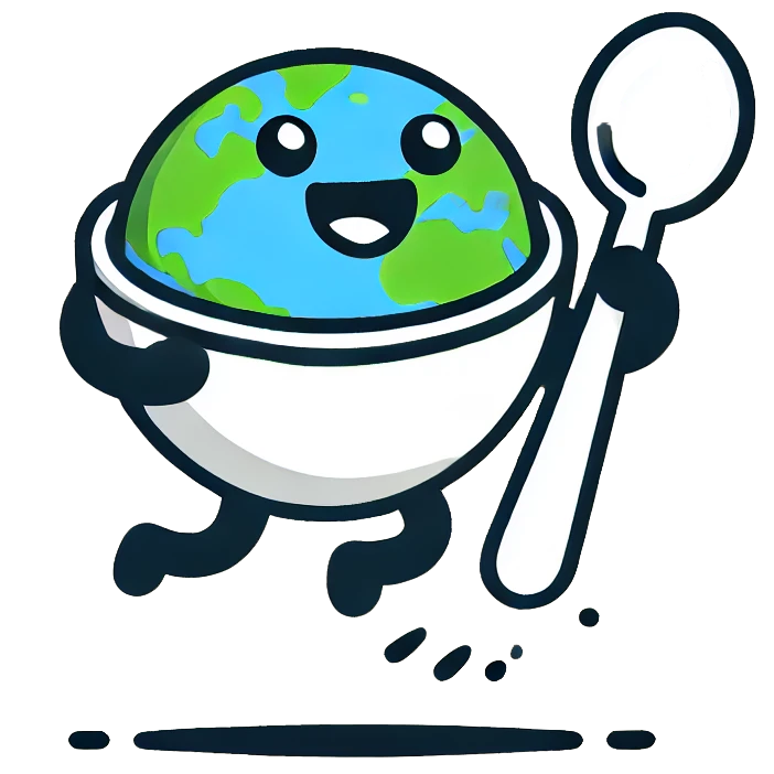 Fanatically Food logo, Earth in a bowl holding spoon jumping with joy